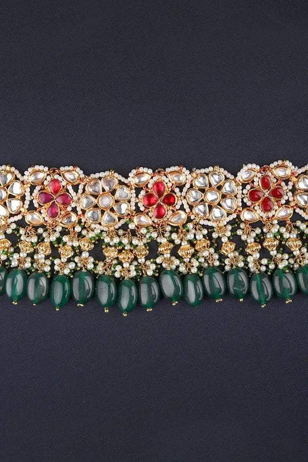 Green & Red Flower Pearls Kundan Choker Necklace