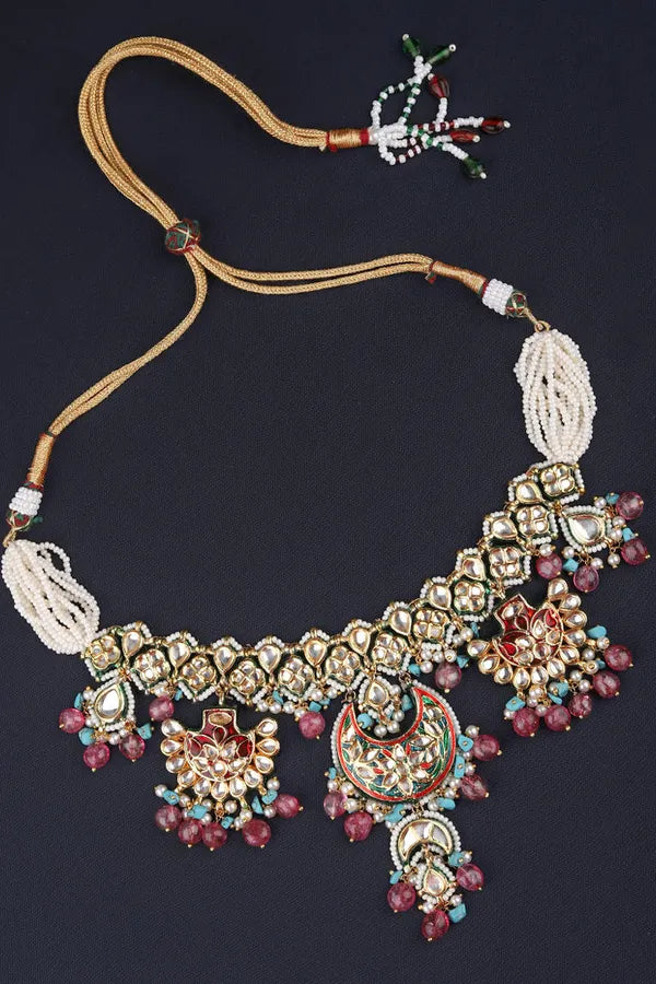 Blue & Red Meenakari Pearl Kundan Choker Necklace