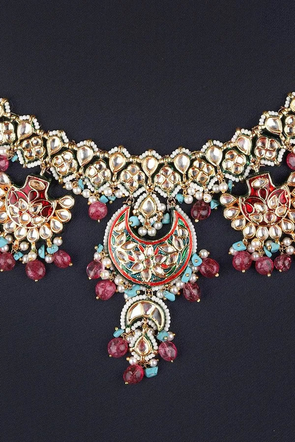 Blue & Red Meenakari Pearl Kundan Choker Necklace