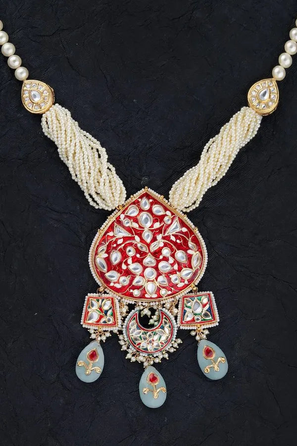 Red Meenakari with Pearl Strings Kundan Necklace