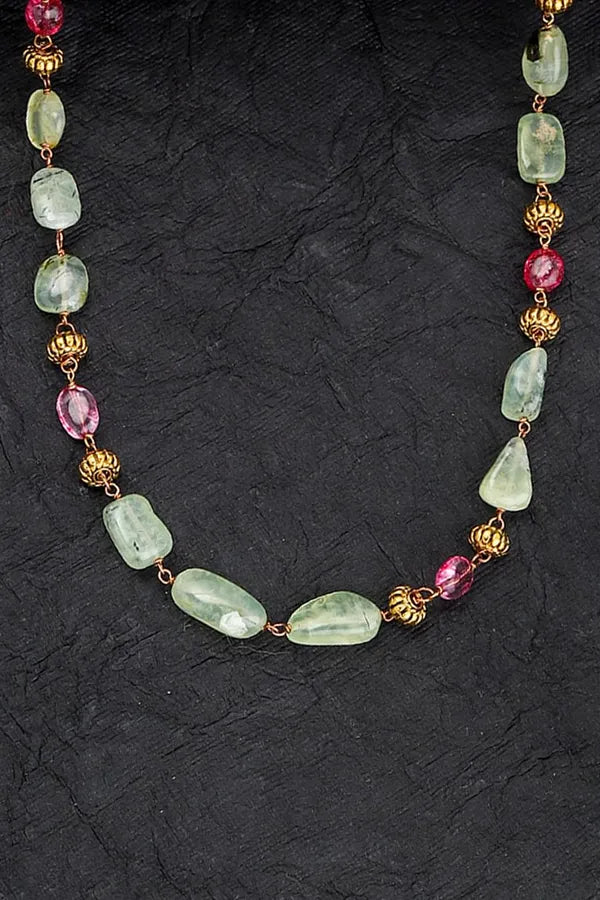 Gold Finish Pink Green Semi-Precious Stone Necklace