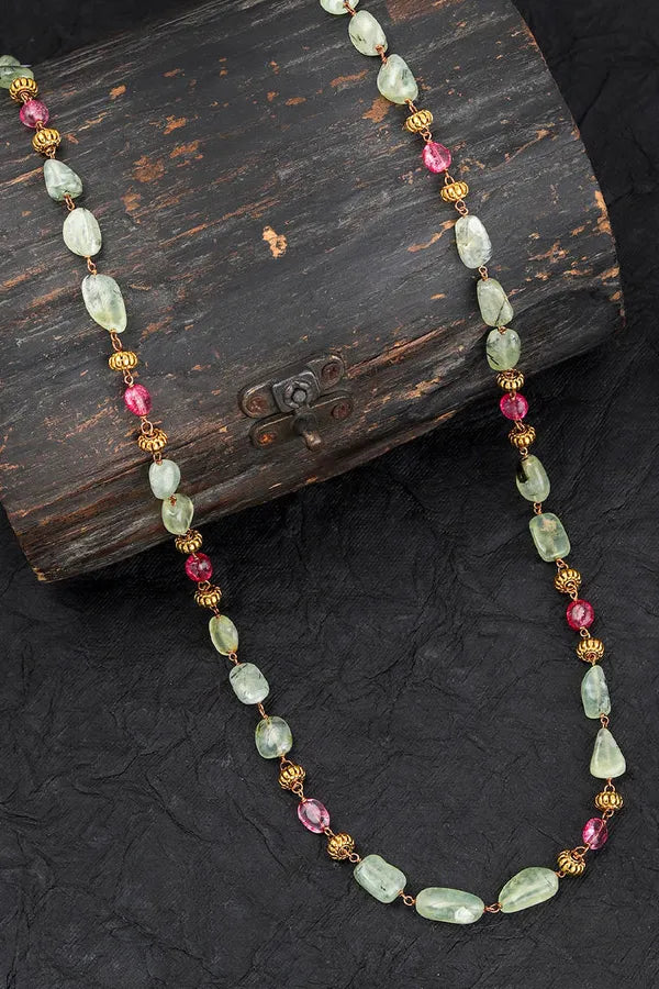 Gold Finish Pink Green Semi-Precious Stone Necklace