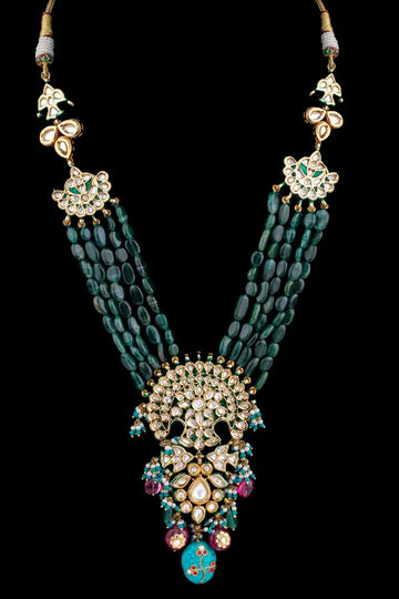 Contrasting Turquoise with Green Beads Kundan Necklace