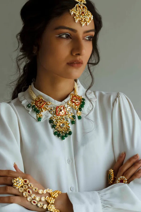 Red & Green Meenakari with Pearls Kundan Choker Necklace