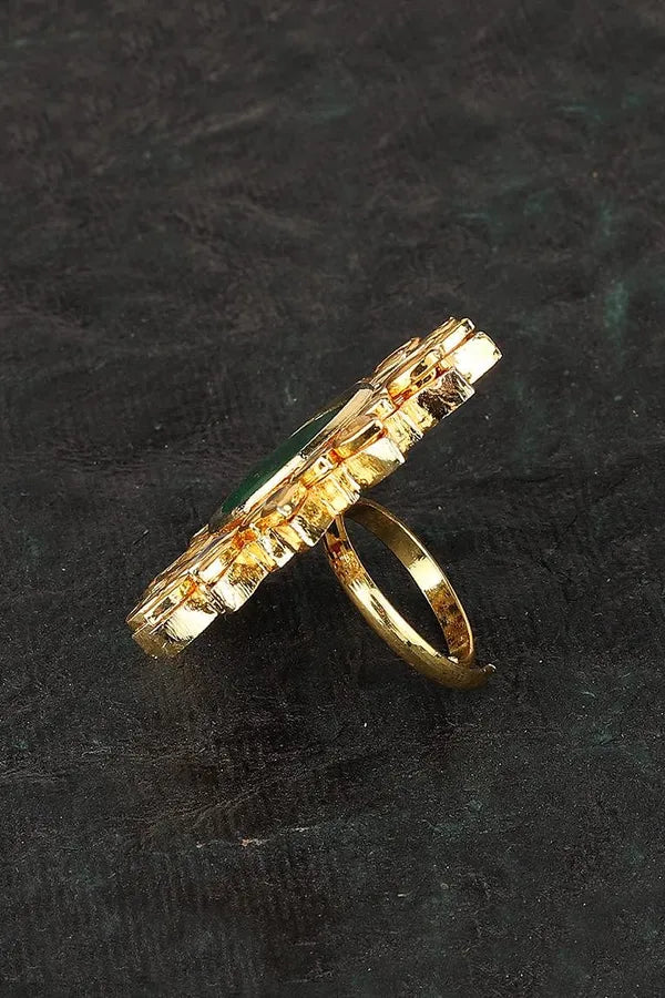 Green Floral Motif Kundan Cocktail Ring