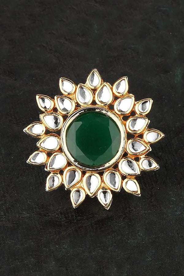 Green Floral Motif Kundan Cocktail Ring