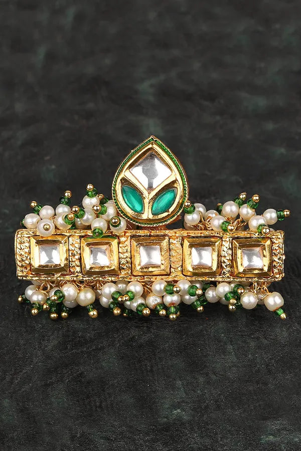 Gold Finish Green Kundan Pearl Ring