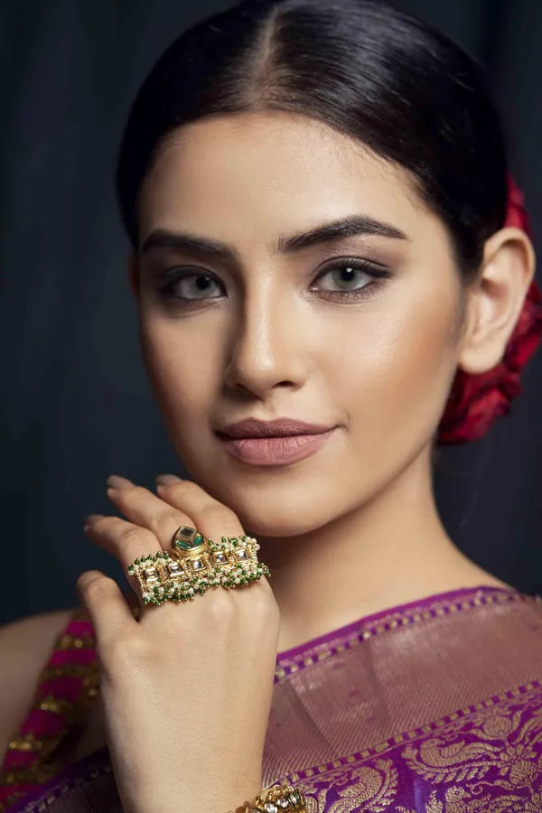Gold Finish Green Kundan Pearl Ring