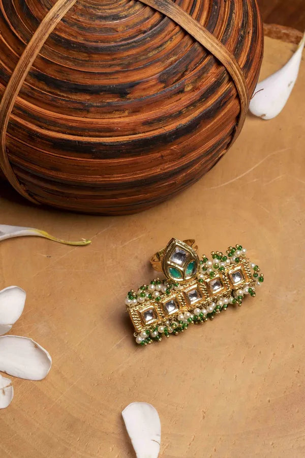 Gold Finish Green Kundan Pearl Ring