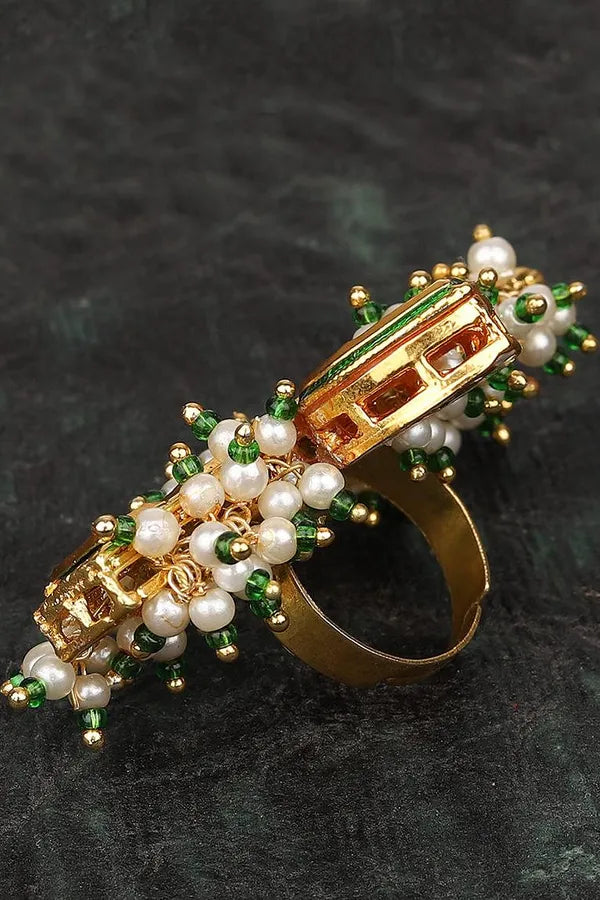 Gold Finish Green Kundan Pearl Ring