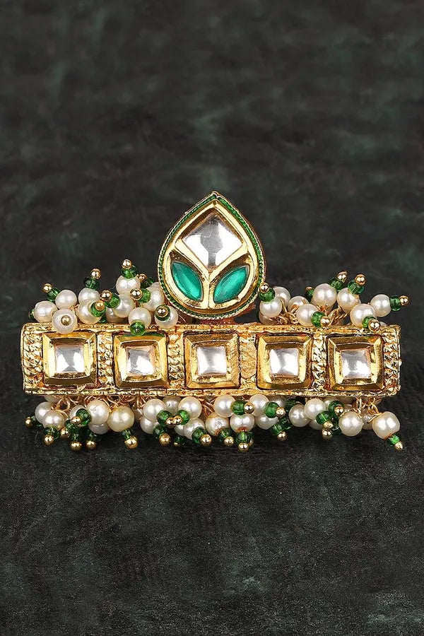 Gold Finish Green Kundan Pearl Ring