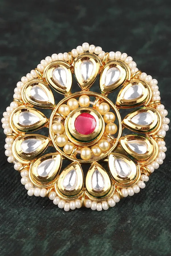 Kundan Red Flower Pearls Ring