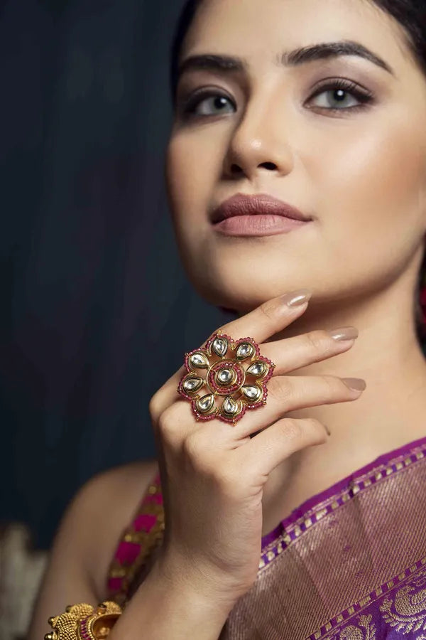 Red Flower Motif Kundan Ring