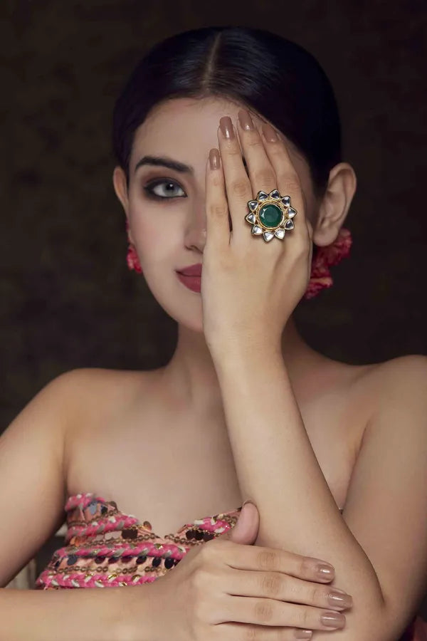 Green Star Kundan Cocktail Ring