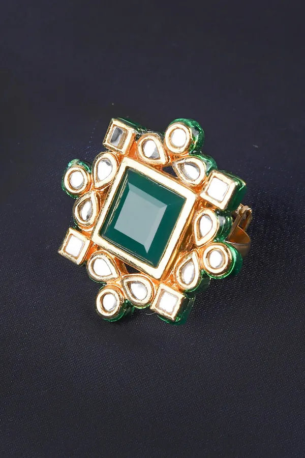 Green Geometric Kundan Cocktail Ring