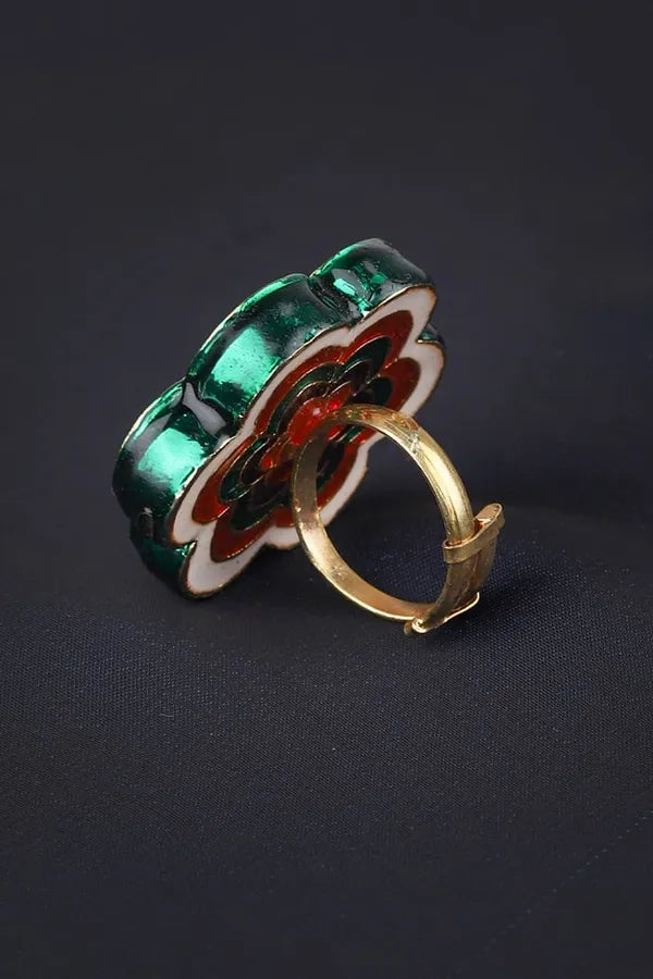 Red Flower Kundan Ring