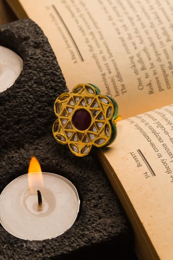 Red Flower Kundan Ring