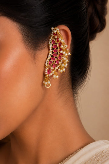Gold Plated Pink Pearl Kundan Earcuff Earrings