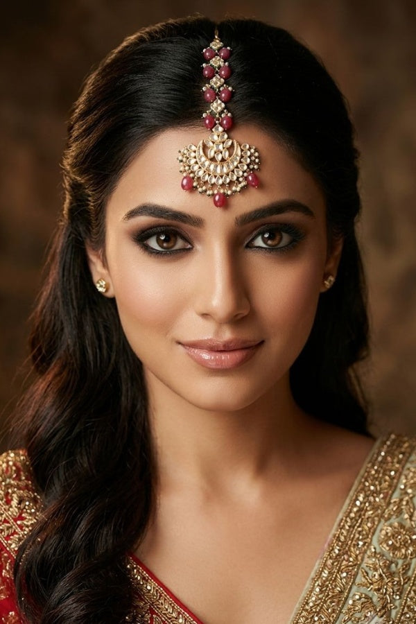 Red Stones with Pearls Crescent Motif Kundan Maang Tikka