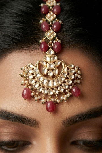 Red Stones with Pearls Crescent Motif Kundan Maang Tikka