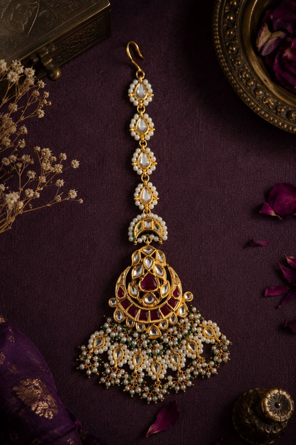 Red Kundan Golden Chand White & Green Pearls Maang Tikka