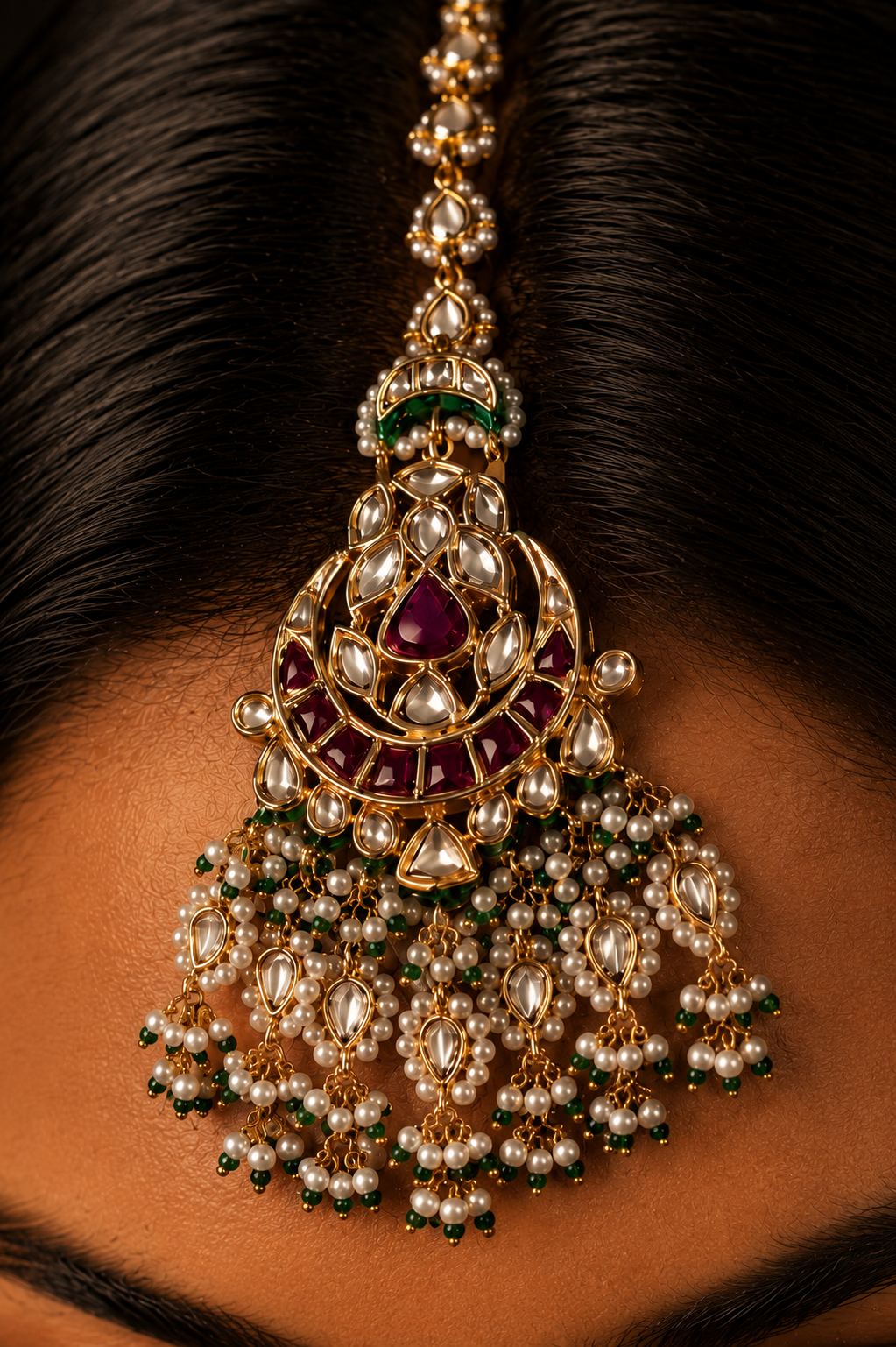 Red Kundan Golden Chand White & Green Pearls Maang Tikka