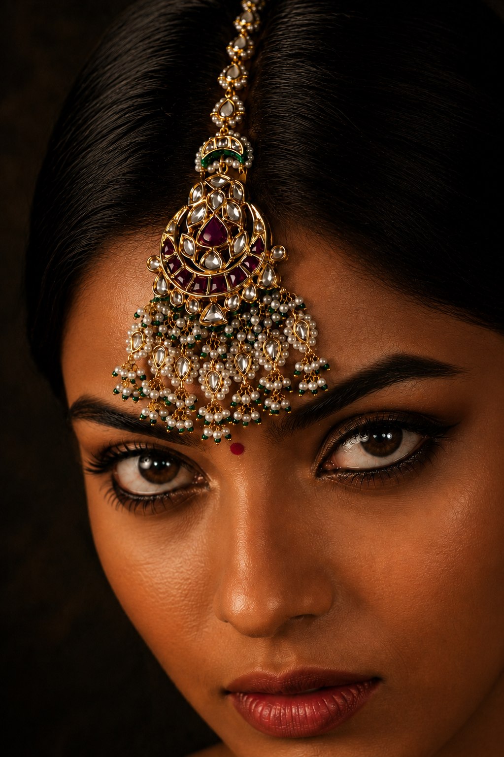 Red Kundan Golden Chand White & Green Pearls Maang Tikka