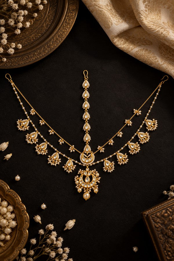 Gold Finish Pearl Biya Dual String Kundan Matha Patti