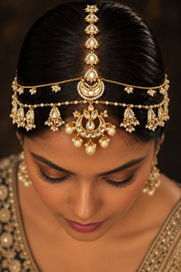 Gold Finish Pearl Biya Dual String Kundan Matha Patti