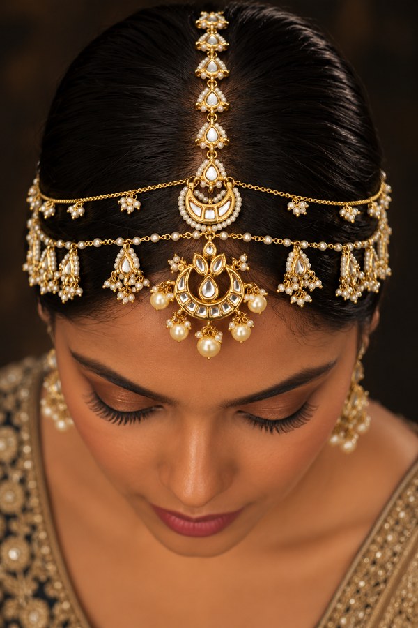 Gold Finish Pearl Biya Dual String Kundan Matha Patti