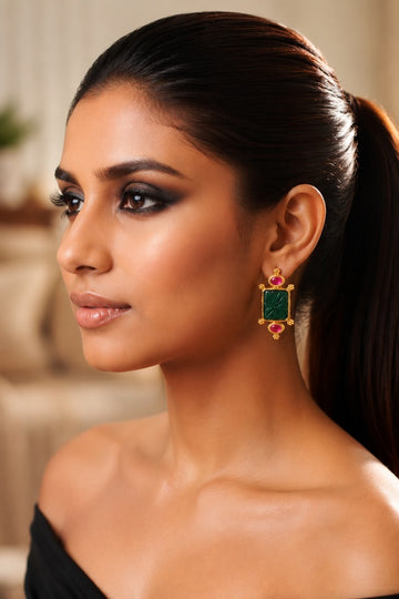 Carved Green Center Pink Kundan Dangler Earrings