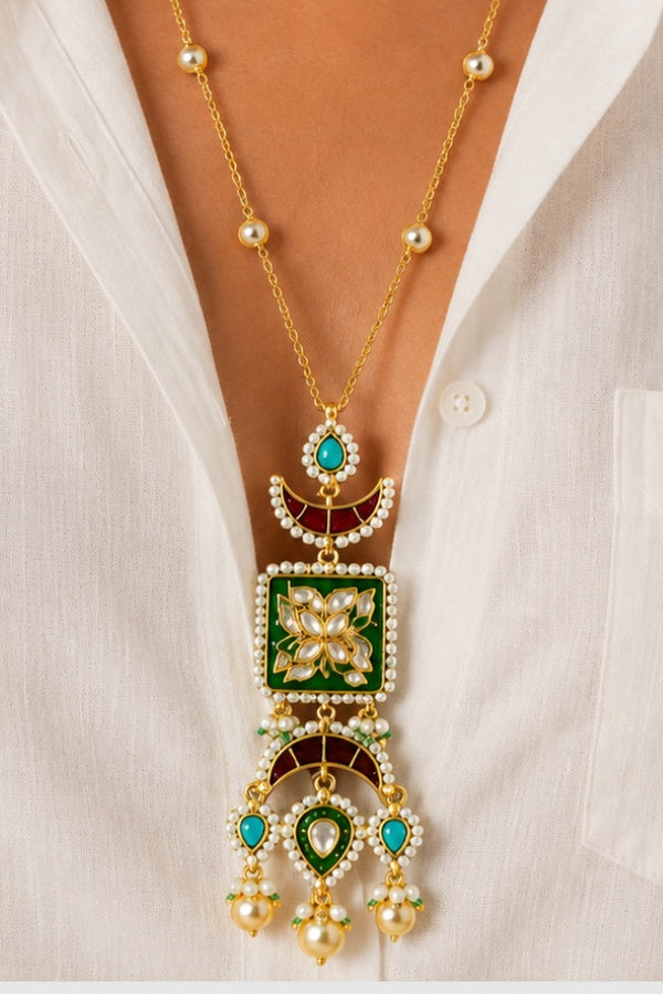 Green Enamel Turquoise Drop Kundan Long Necklace