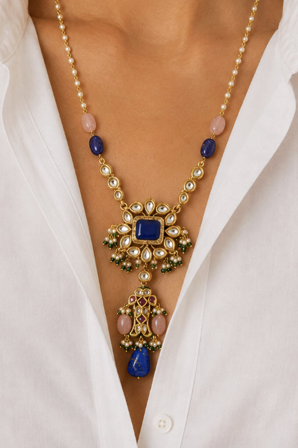 Blue Flower Lapis Long Kundan Necklace