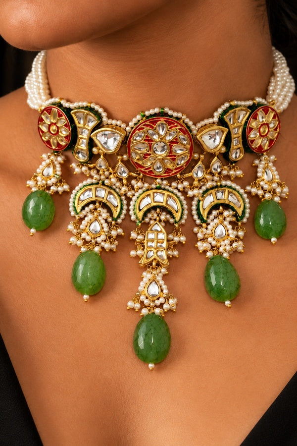 Red Rounds Pearls Green Jade Kundan Choker