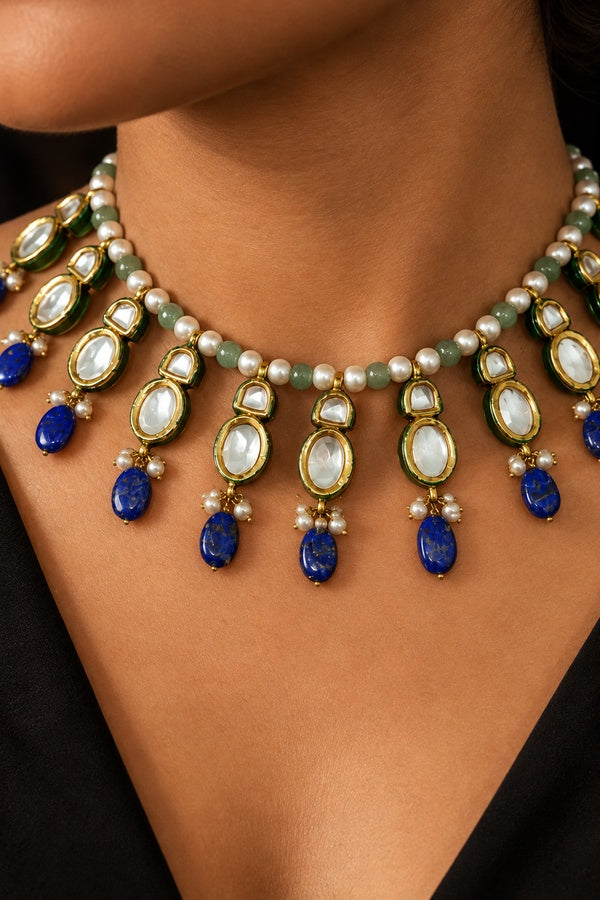 Kundan Buds Necklace with Blue Drops