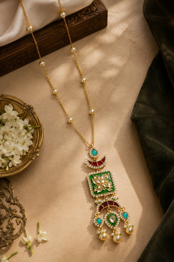 Green Enamel Turquoise Drop Kundan Long Necklace