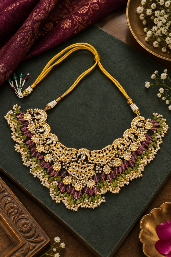 Statement Pink & Green Tourmaline Kundan Choker Necklace