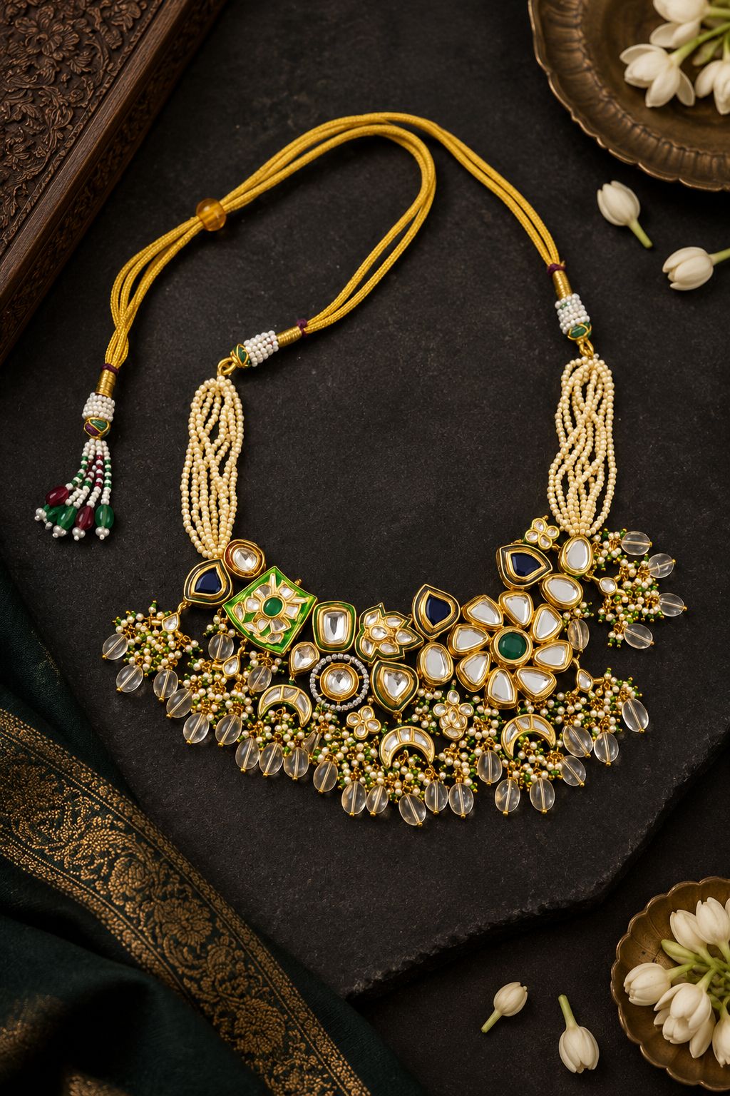 Earthy Blue & Green Kundan with Pearls Choker Necklace