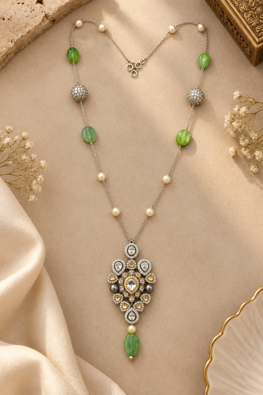 Dual Finish Zircon Detail Pendant Necklace