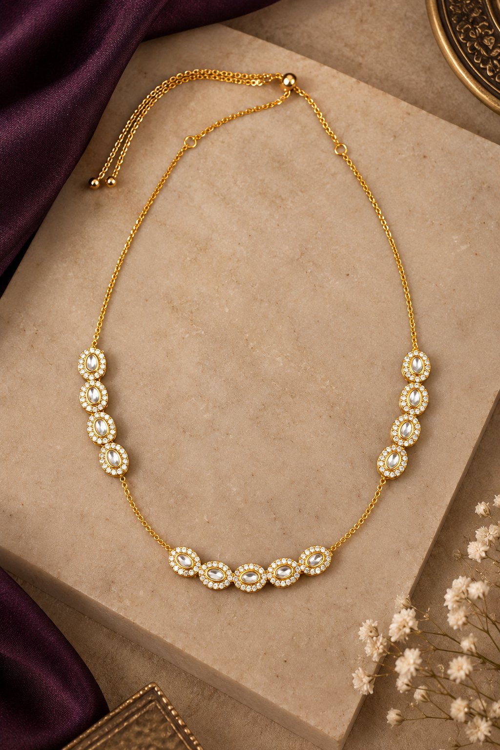 Gold & White Four Side Kundan Zirconia Necklace