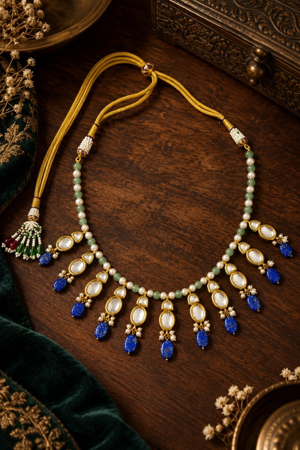 Kundan Buds Necklace with Blue Drops