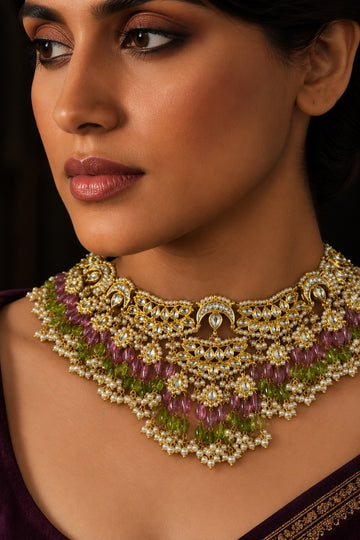 Statement Pink & Green Tourmaline Kundan Choker Necklace