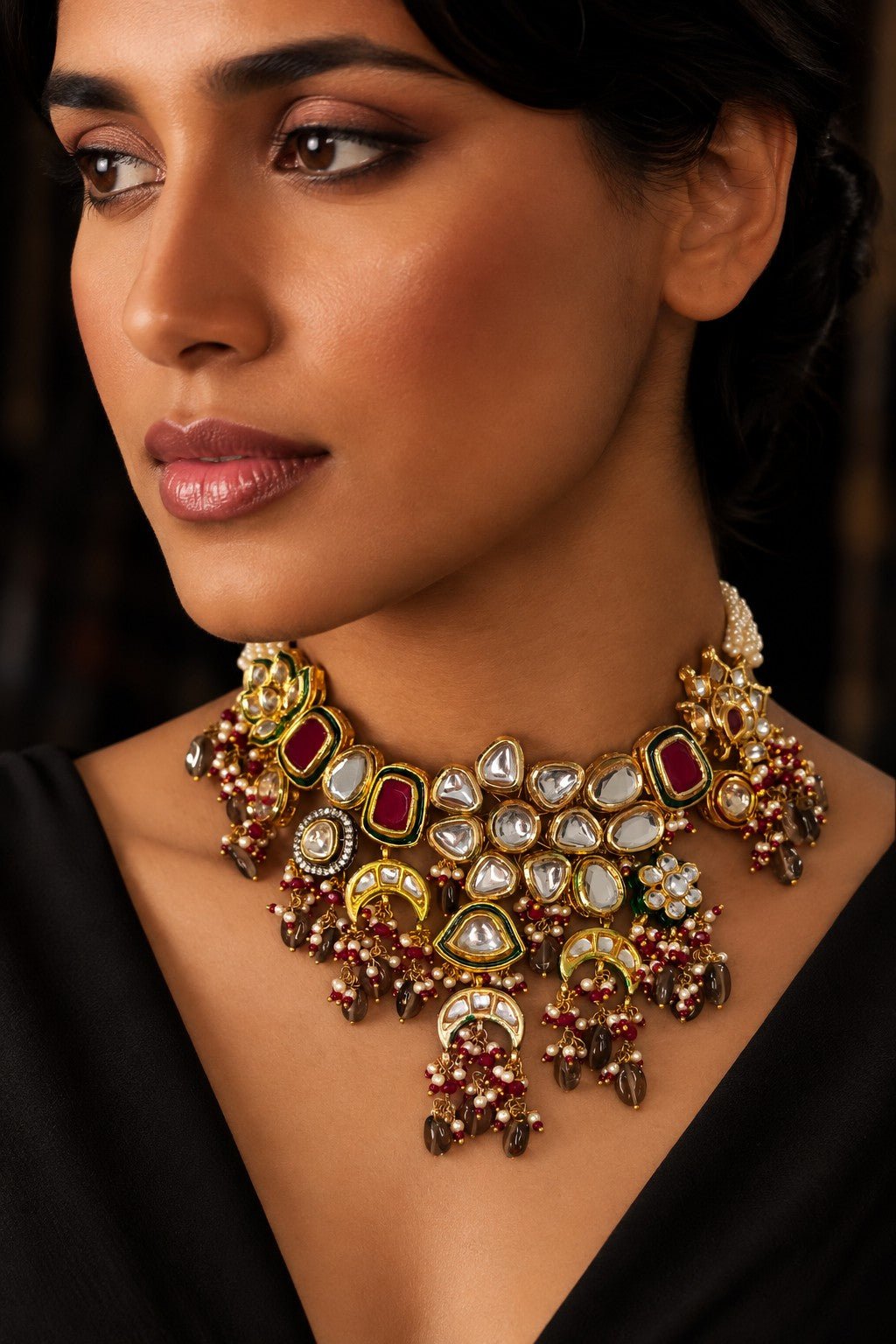 Smoked Drops with Pink Kundan & Pearls Choker Necklace