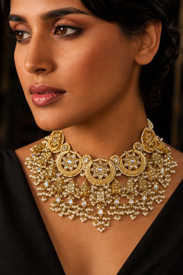 Statement Golden Fish Motif Kundan Choker Necklace