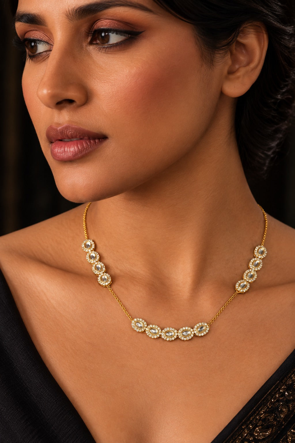 Gold & White Four Side Kundan Zirconia Necklace