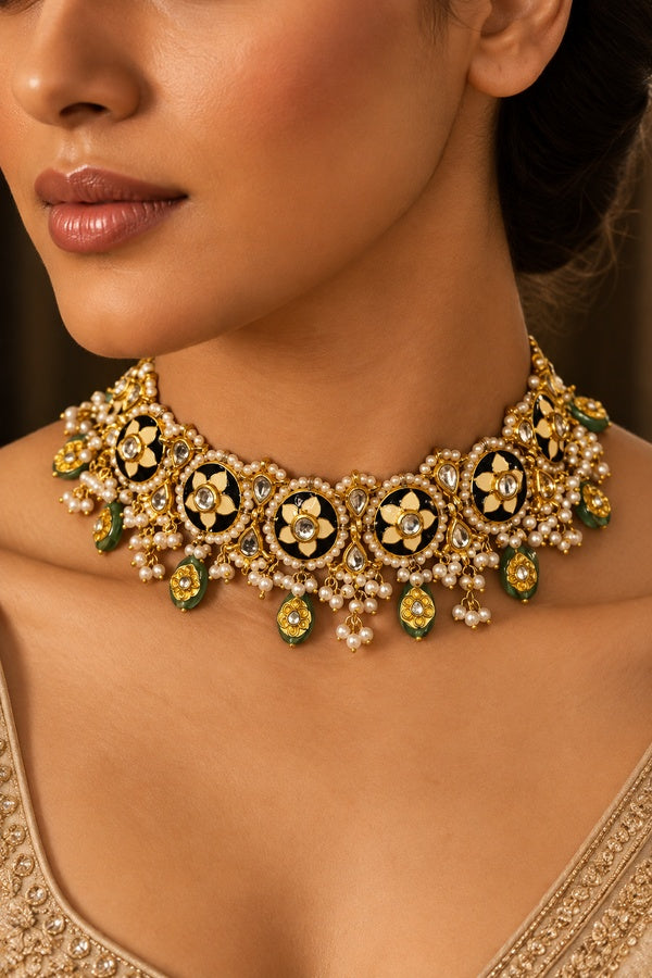 Black Meena Kundan Biya Barium Choker