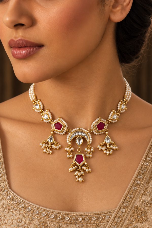 Kundan Red Hexa Drop Pearls Necklace