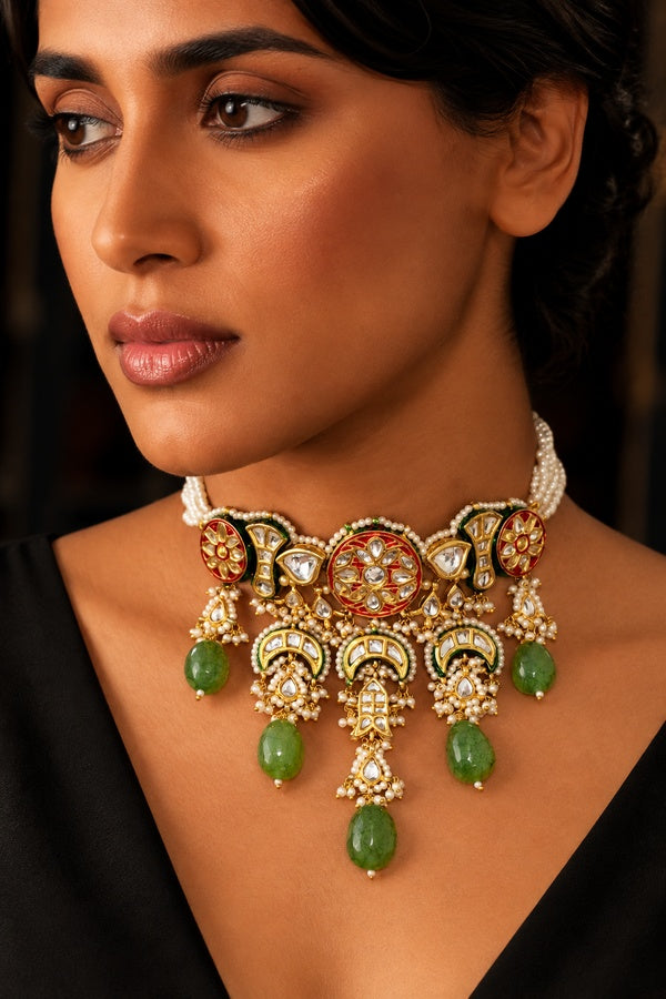 Red Rounds Pearls Green Jade Kundan Choker