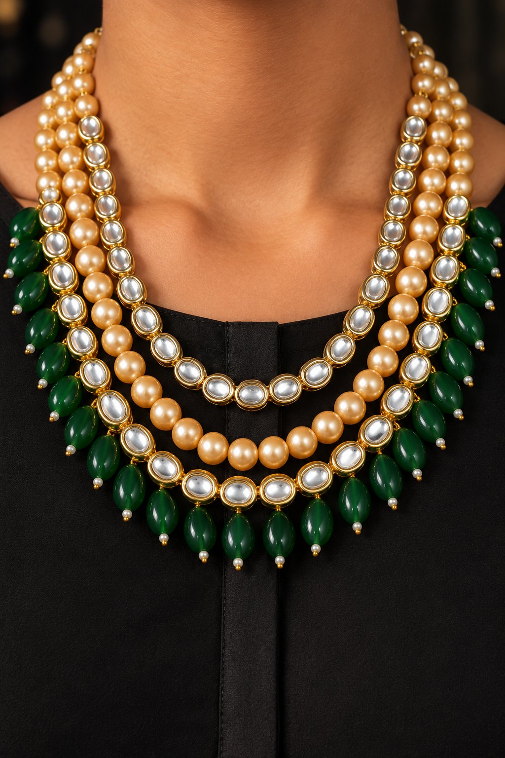 Three Line Kundan Pearls Emeralds Necklace