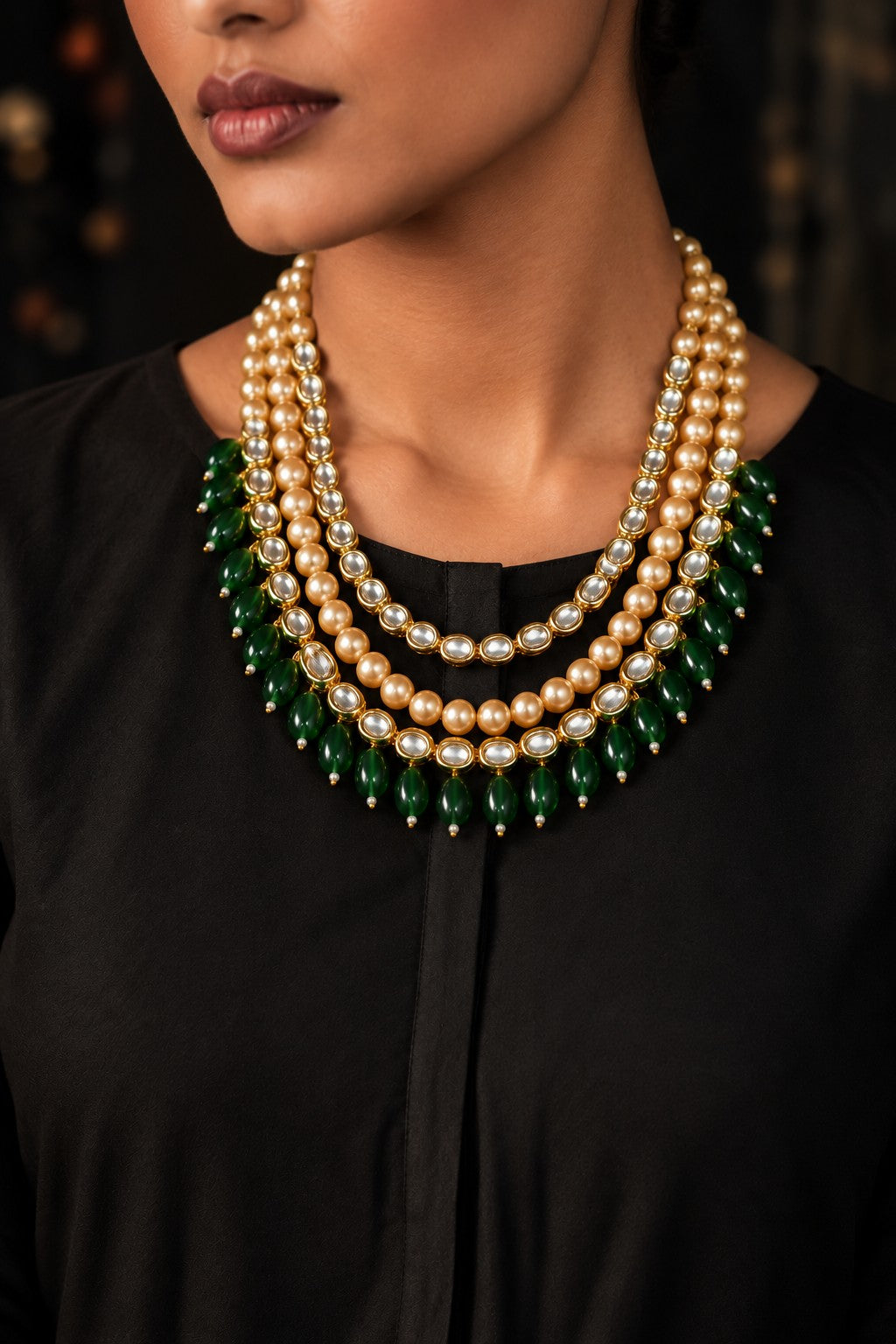 Three Line Kundan Pearls Emeralds Necklace